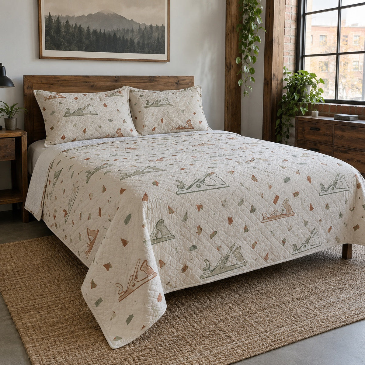 Maker Studio Woodworking Hobby Quilt Set, front woodworking hobby bedroom view