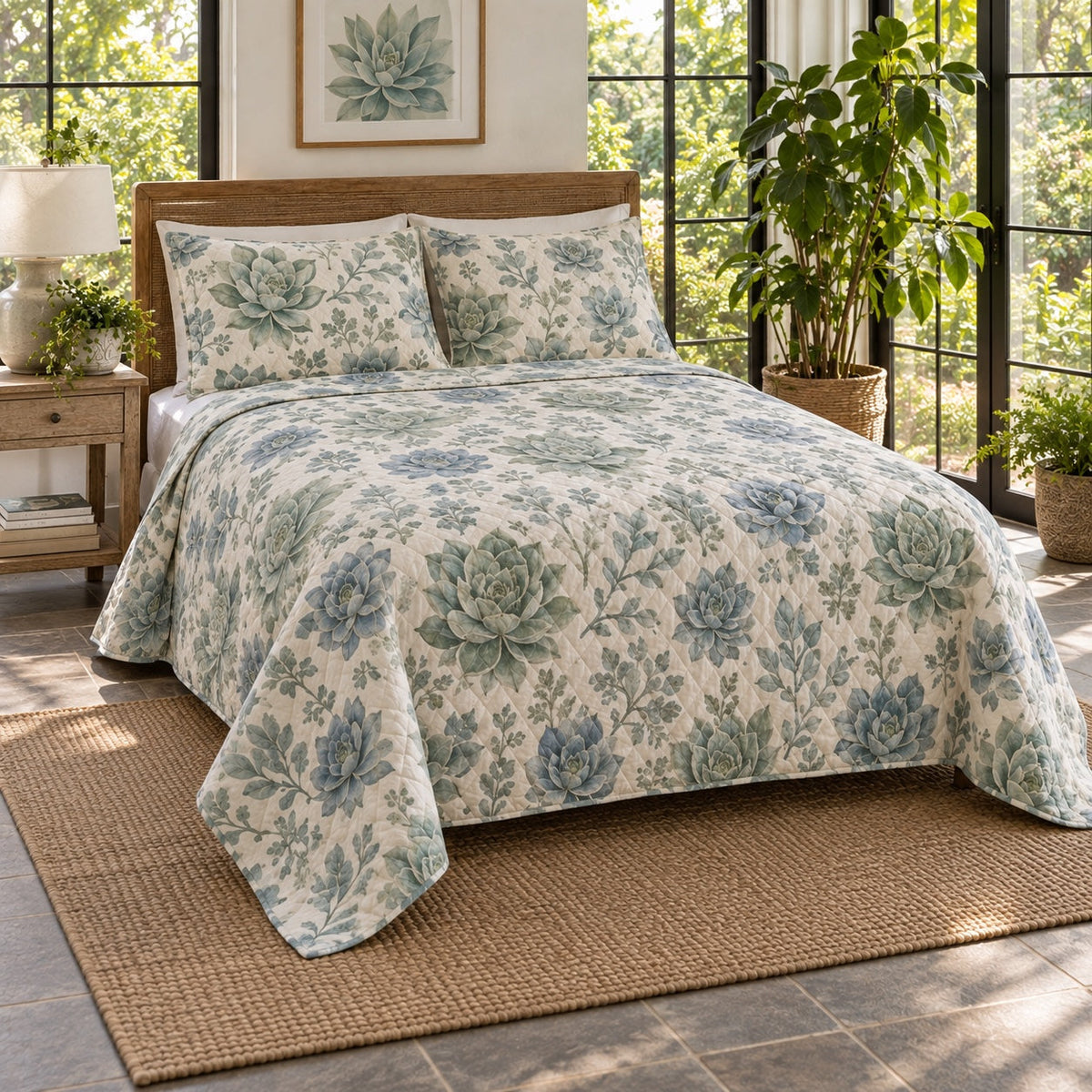Rosette Garden Succulent Gardening Quilt Set, angled succulent gardening bedroom view
