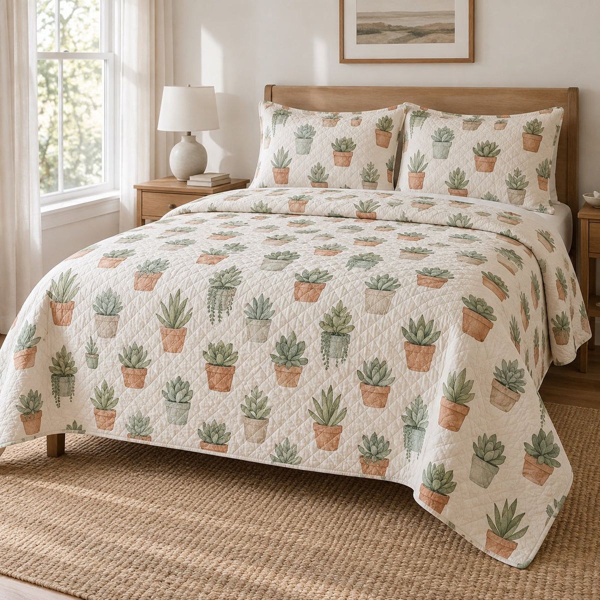 Desert Pots Succulent Gardening Quilt Set, front succulent gardening bedroom view