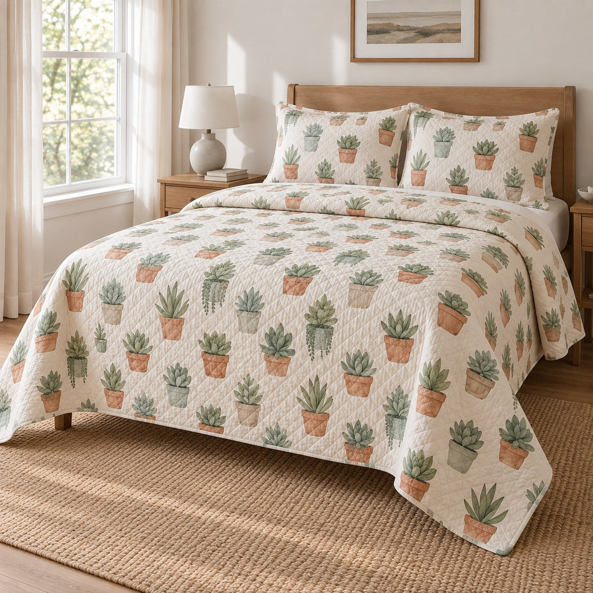 Desert Pots Succulent Gardening Quilt Set, angled succulent gardening bedroom view