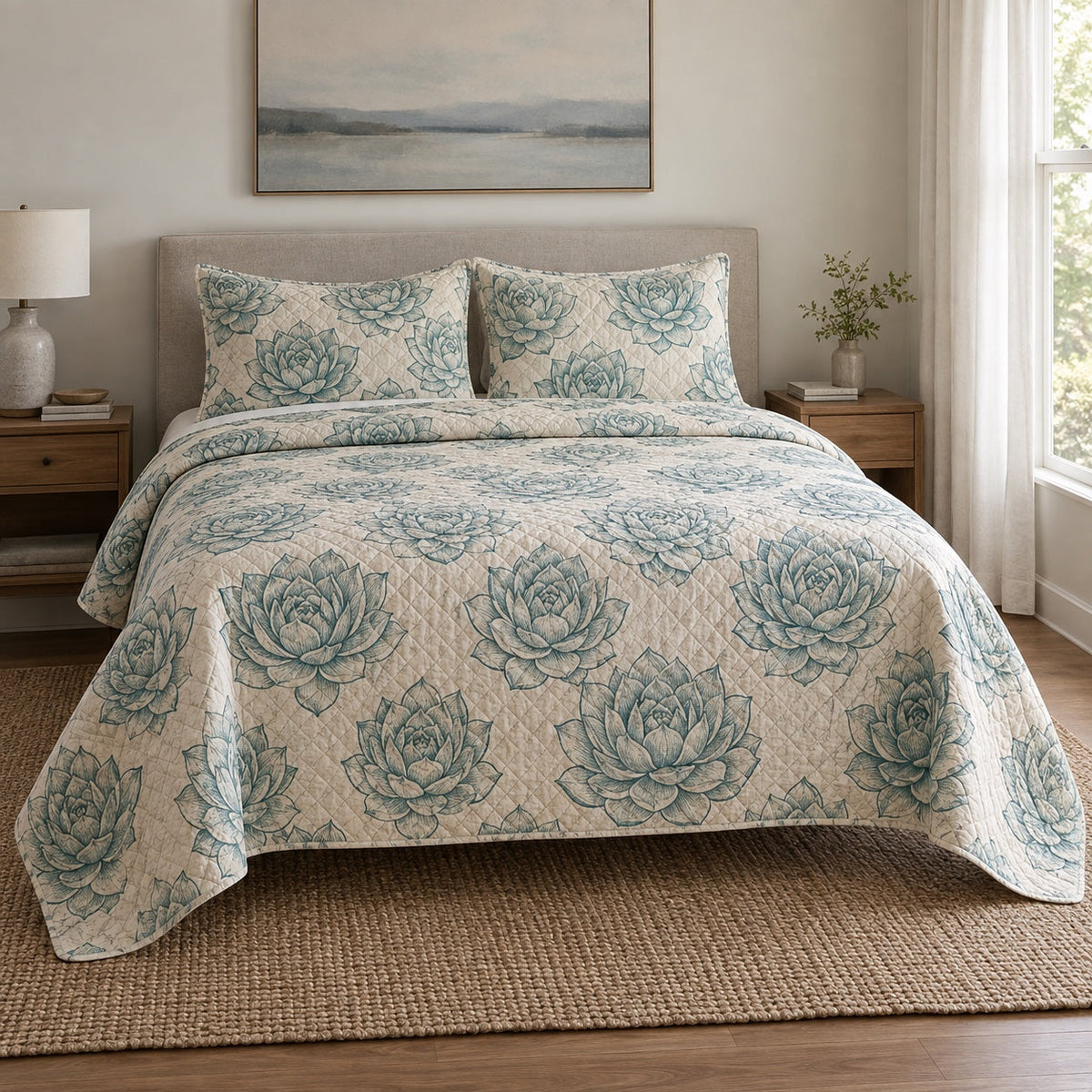 Echeveria Study Succulent Gardening Quilt Set, front succulent gardening bedroom view