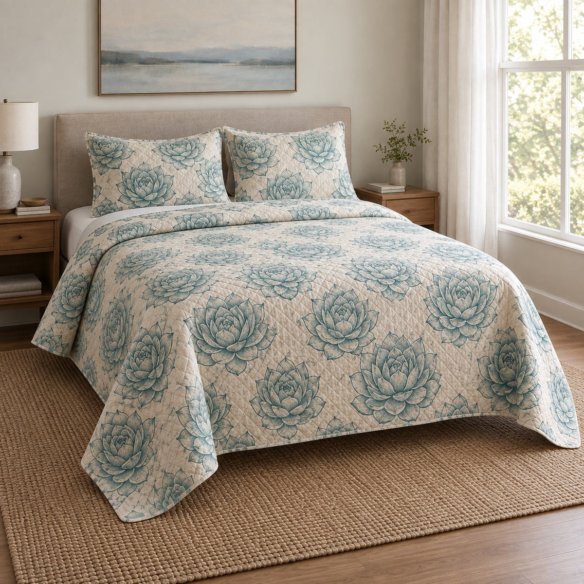 Echeveria Study Succulent Gardening Quilt Set, angled succulent gardening bedroom view