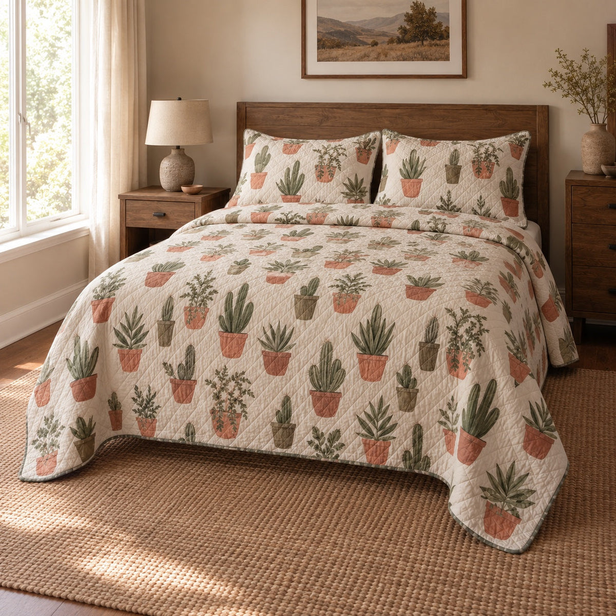 Cactus and Clay Succulent Gardening Quilt Set, angled succulent gardening bedroom view