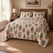 Cactus and Clay Succulent Gardening Quilt Set, angled succulent gardening bedroom view