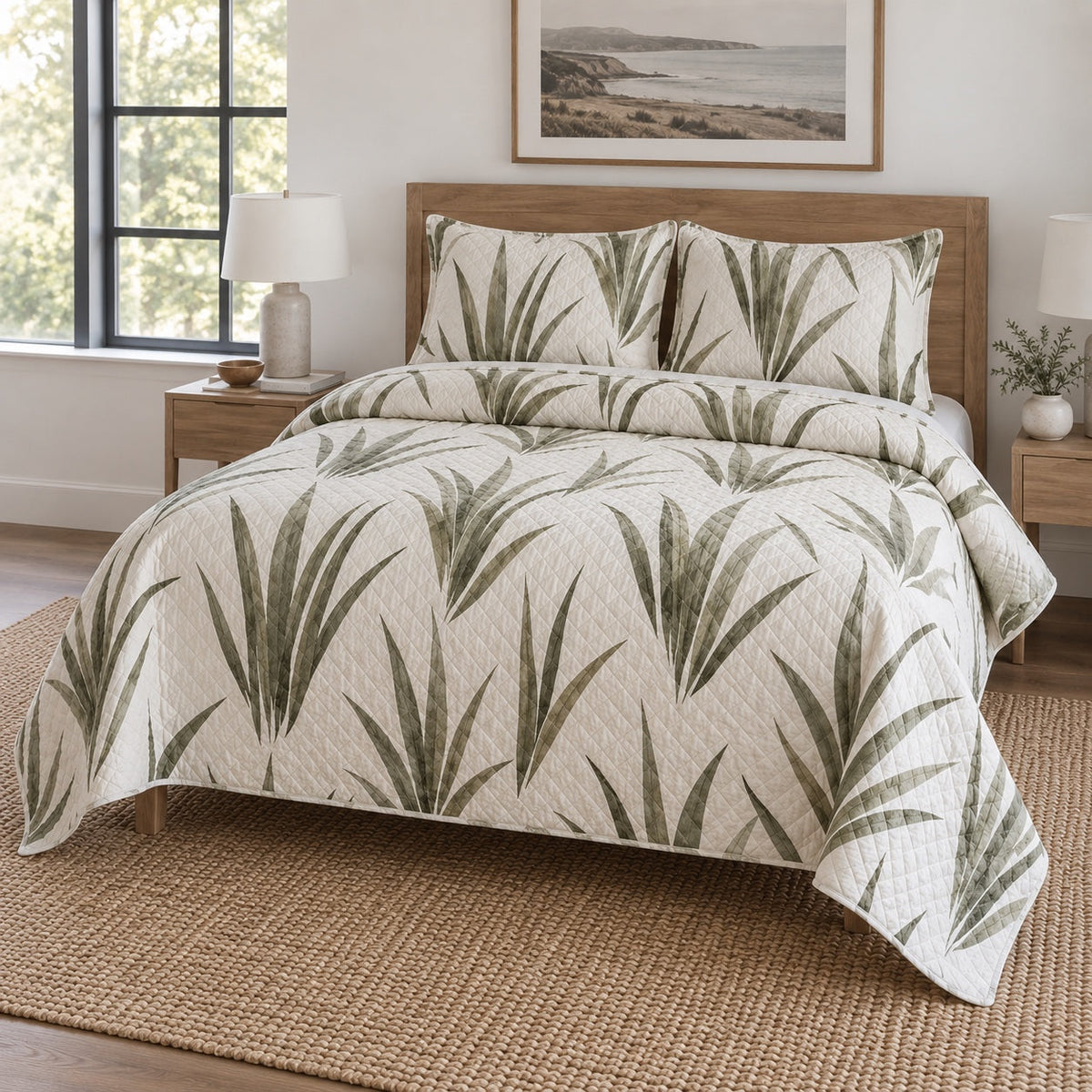 Aloe Lines Succulent Gardening Quilt Set, angled succulent gardening bedroom view