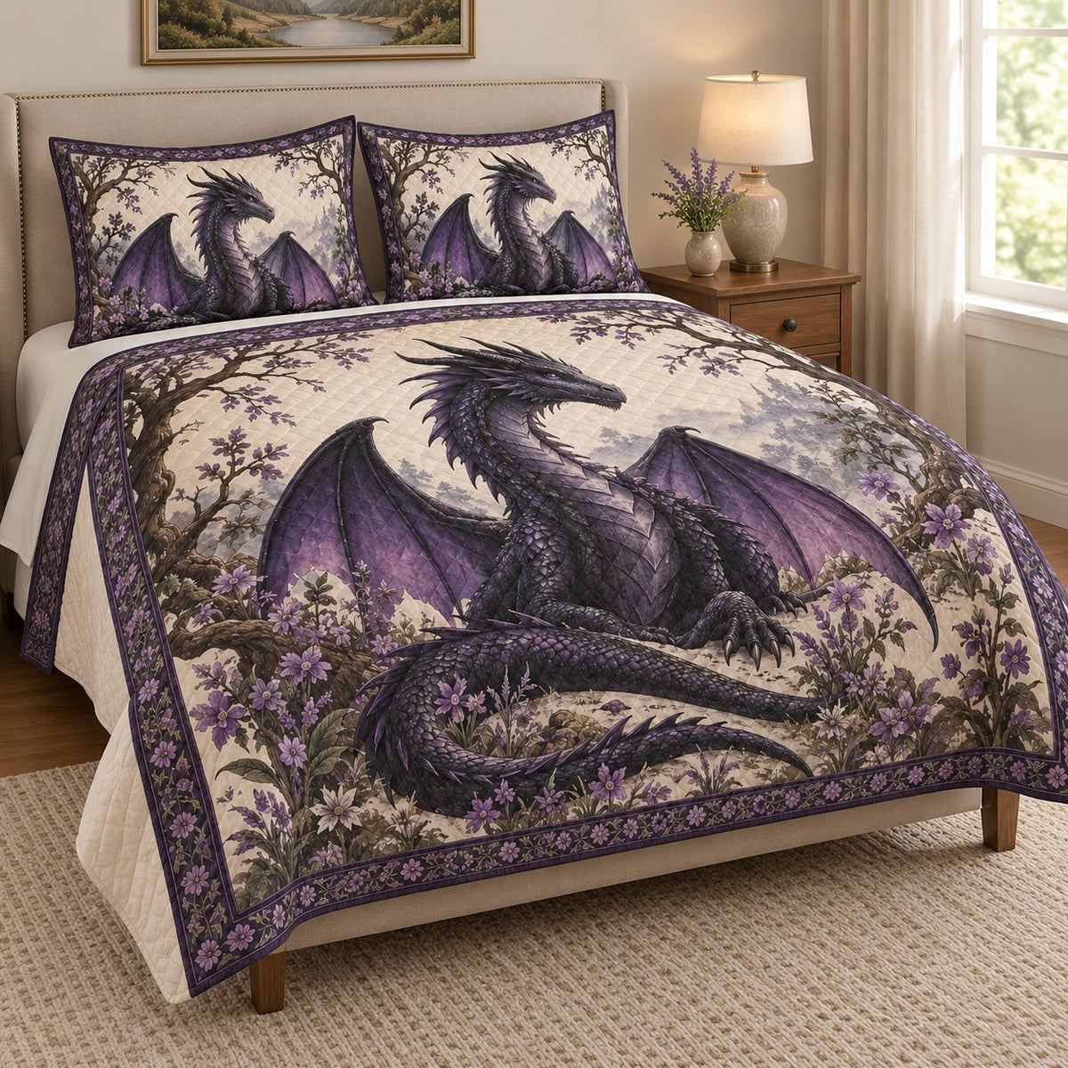 Purple Dragon Floral Fantasy Quilt Set: angled bedroom view showing the quilt artwork and coordinating shams
