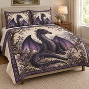 Purple Dragon Floral Fantasy Quilt Set: angled bedroom view showing the quilt artwork and coordinating shams