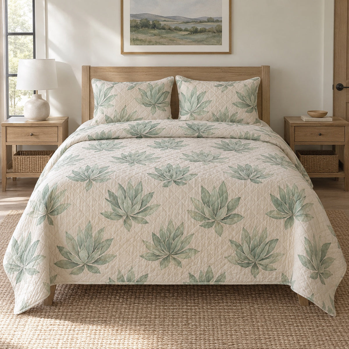 Mint Succulents Succulent Gardening Quilt Set, front succulent gardening bedroom view