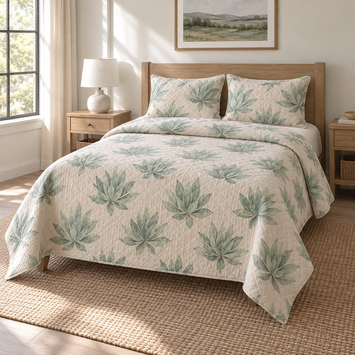 Mint Succulents Succulent Gardening Quilt Set, angled succulent gardening bedroom view