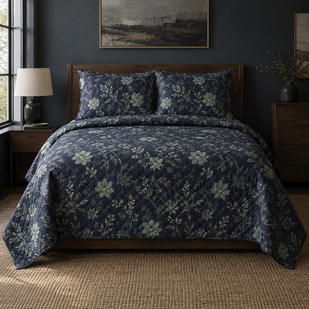 Night Garden Succulent Gardening Quilt Set, front succulent gardening bedroom view