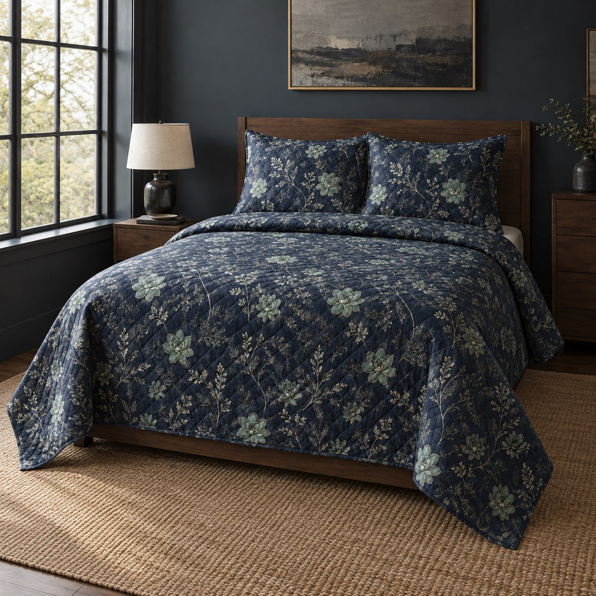 Night Garden Succulent Gardening Quilt Set, angled succulent gardening bedroom view
