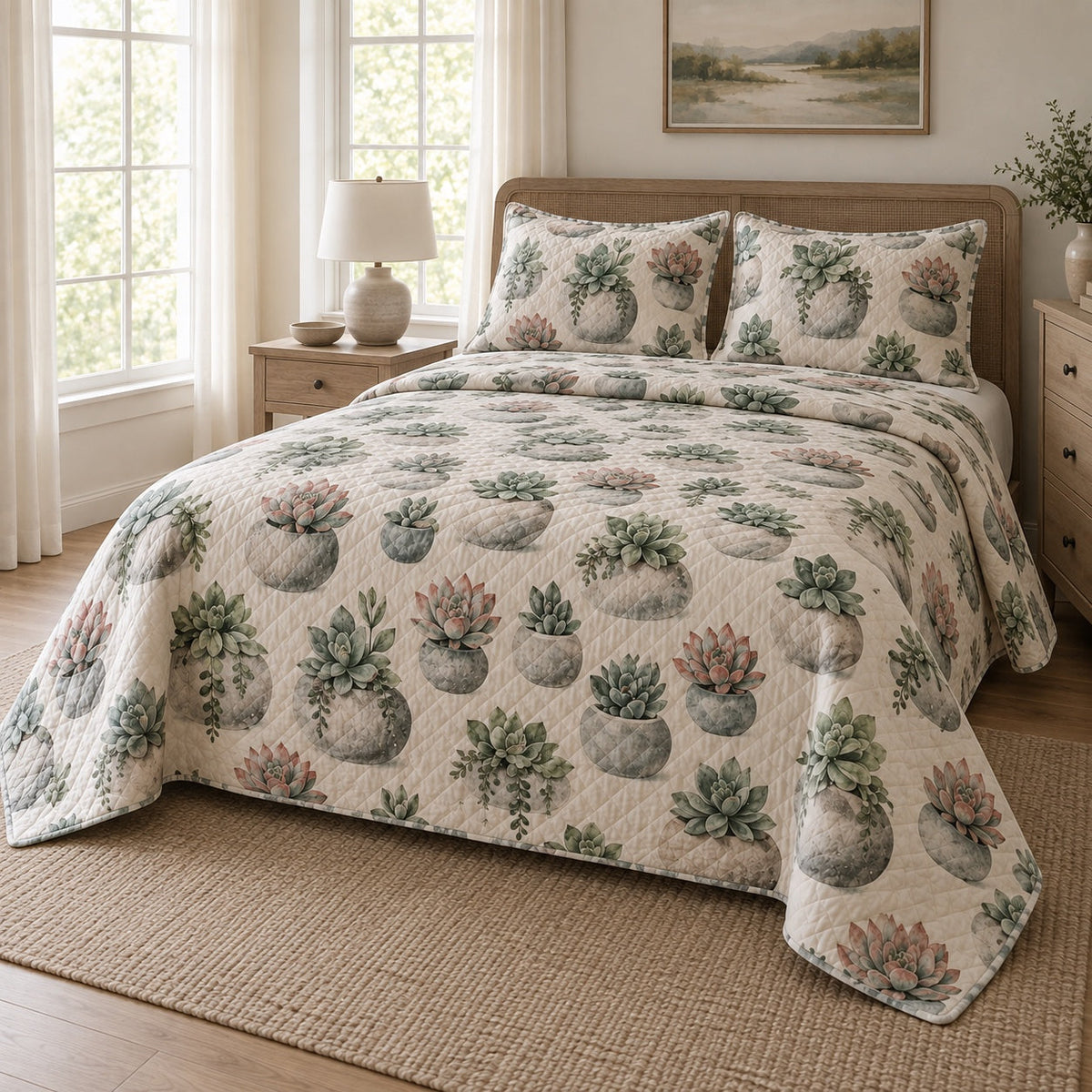 Stone Planters Succulent Gardening Quilt Set, angled succulent gardening bedroom view