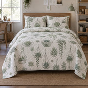 Sage Terrarium Succulent Gardening Quilt Set, front succulent gardening bedroom view