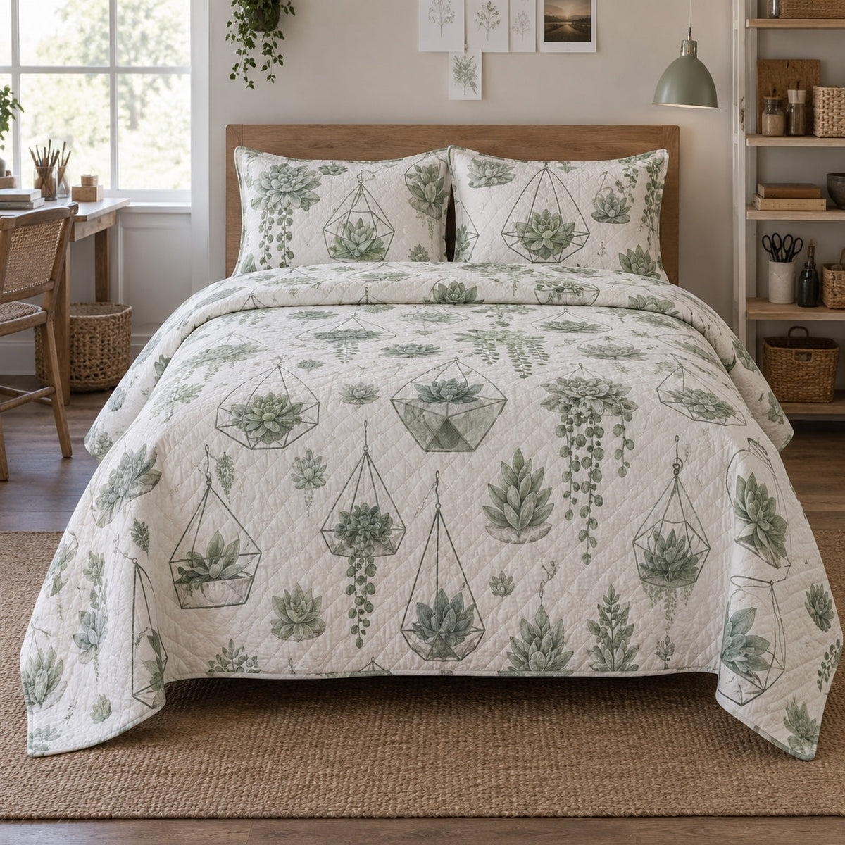 Sage Terrarium Succulent Gardening Quilt Set, front succulent gardening bedroom view