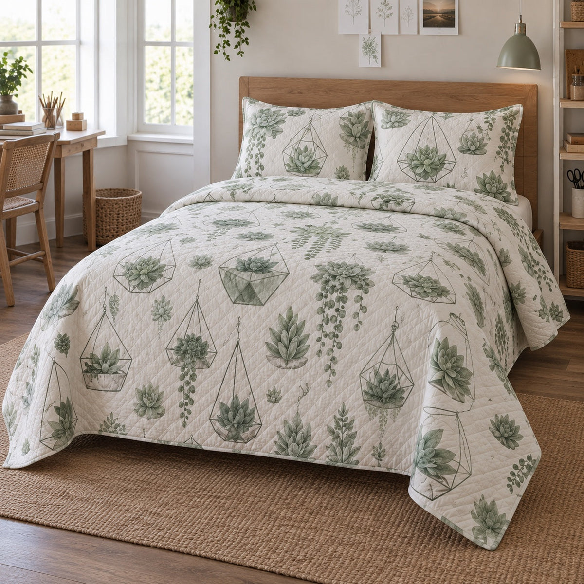 Sage Terrarium Succulent Gardening Quilt Set, angled succulent gardening bedroom view