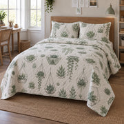 Sage Terrarium Succulent Gardening Quilt Set, angled succulent gardening bedroom view