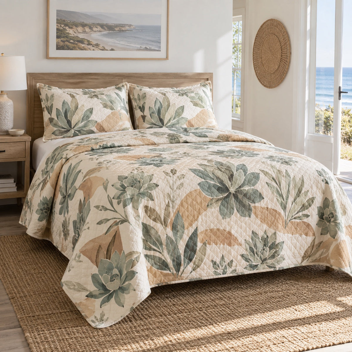 Sunlit Leaves Succulent Gardening Quilt Set, front succulent gardening bedroom view