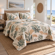 Sunlit Leaves Succulent Gardening Quilt Set, angled succulent gardening bedroom view