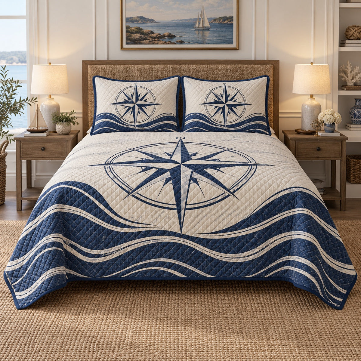 Wind Rose Sailing Quilt Set, front sailing bedroom view