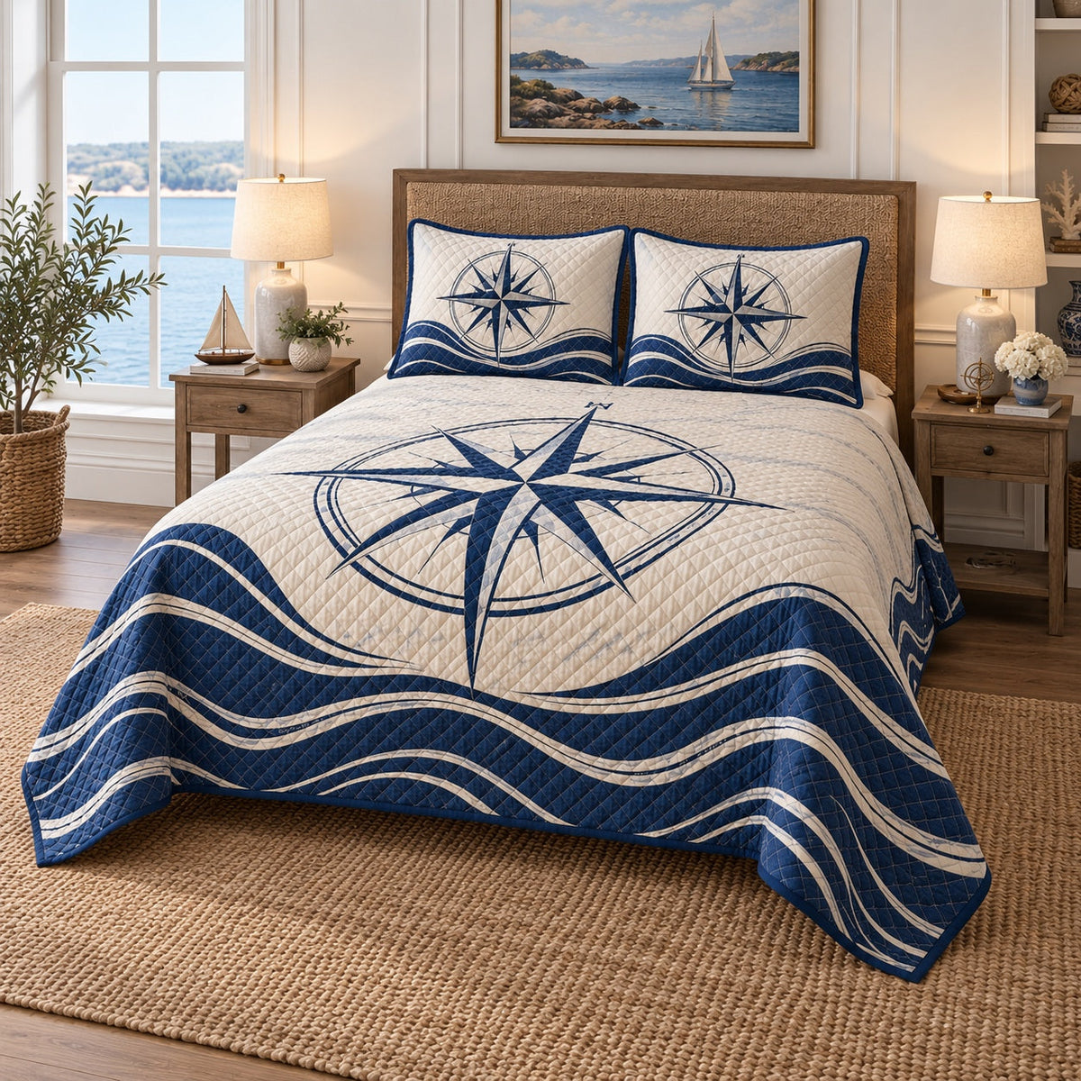 Wind Rose Sailing Quilt Set, angled sailing bedroom view