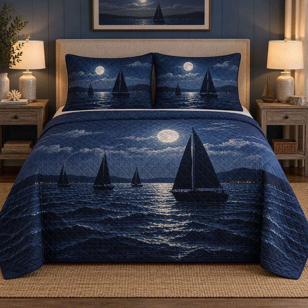 Night Passage Sailing Quilt Set, front sailing bedroom view