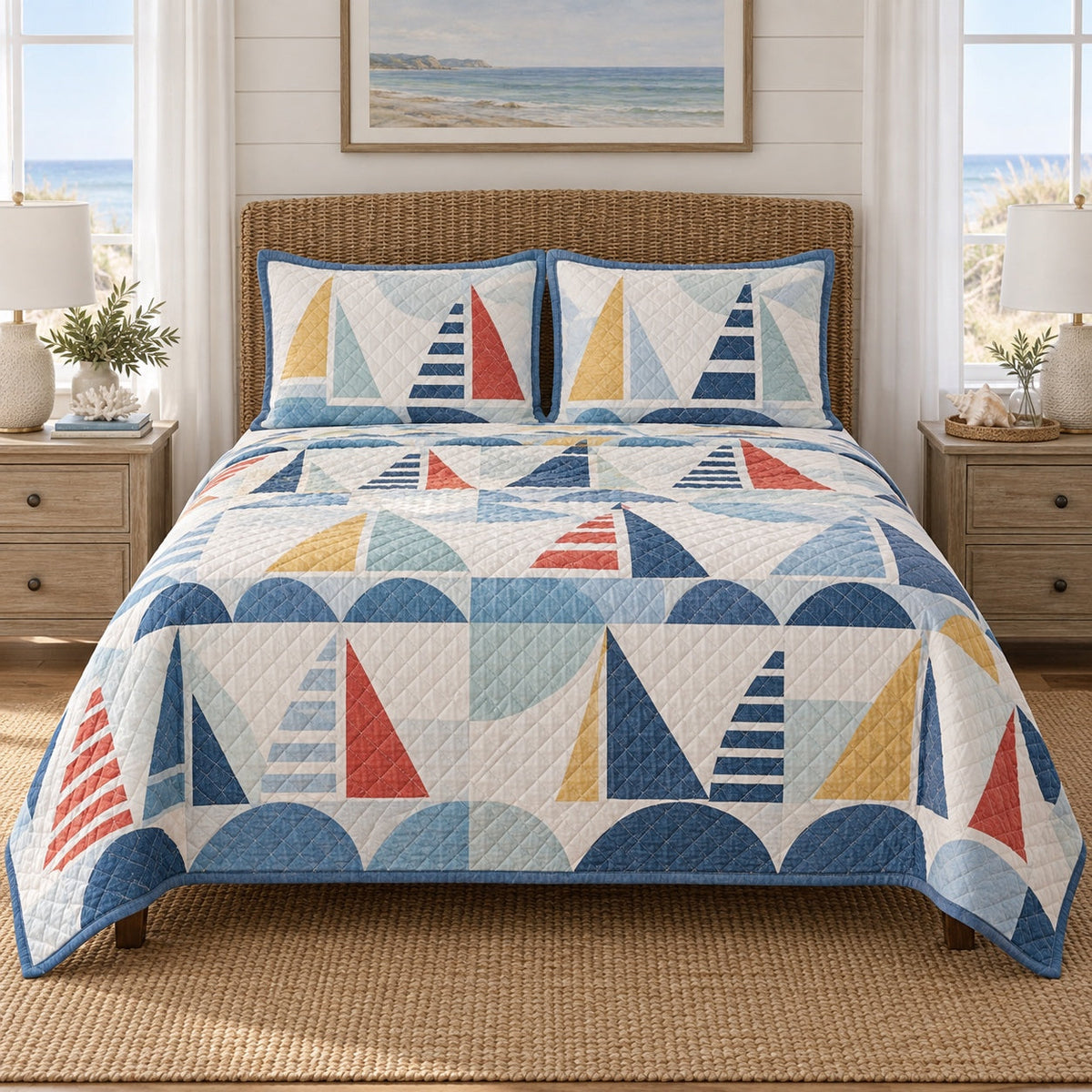 Coastal Regatta Sailing Quilt Set, front sailing bedroom view