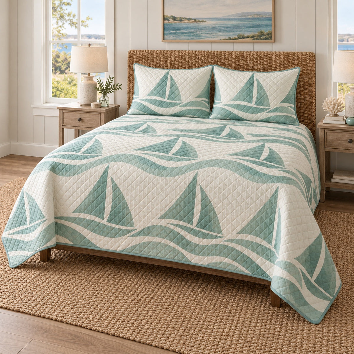 Sea Glass Sails Sailing Quilt Set, angled sailing bedroom view