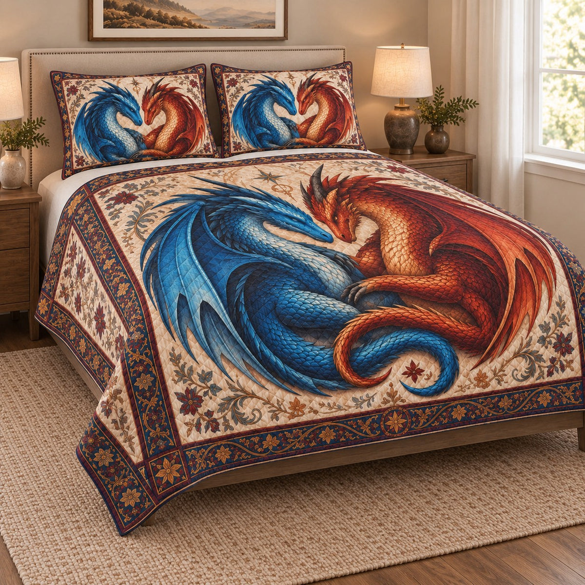 Blue Red Dragon Love Quilt Set: angled bedroom view showing the quilt artwork and coordinating shams