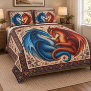 Blue Red Dragon Love Quilt Set: angled bedroom view showing the quilt artwork and coordinating shams