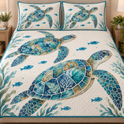 Close view of the Sea Turtle Ocean quilt artwork and two matching shams