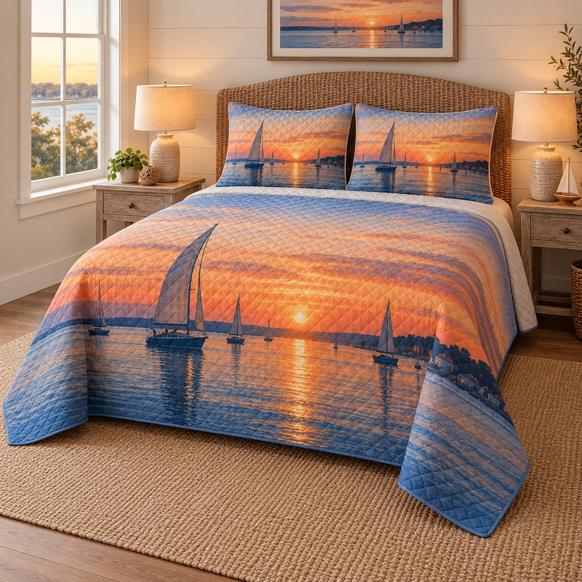 Sunset Marina Sailing Quilt Set, angled sailing bedroom view