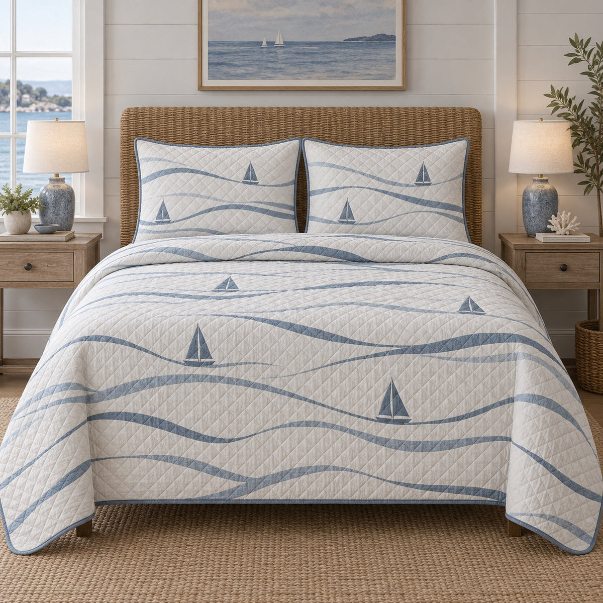 Tide Lines Sailing Quilt Set, front sailing bedroom view