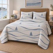 Tide Lines Sailing Quilt Set, angled sailing bedroom view