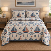 Folk Fleet Sailing Quilt Set, front sailing bedroom view
