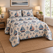 Folk Fleet Sailing Quilt Set, angled sailing bedroom view