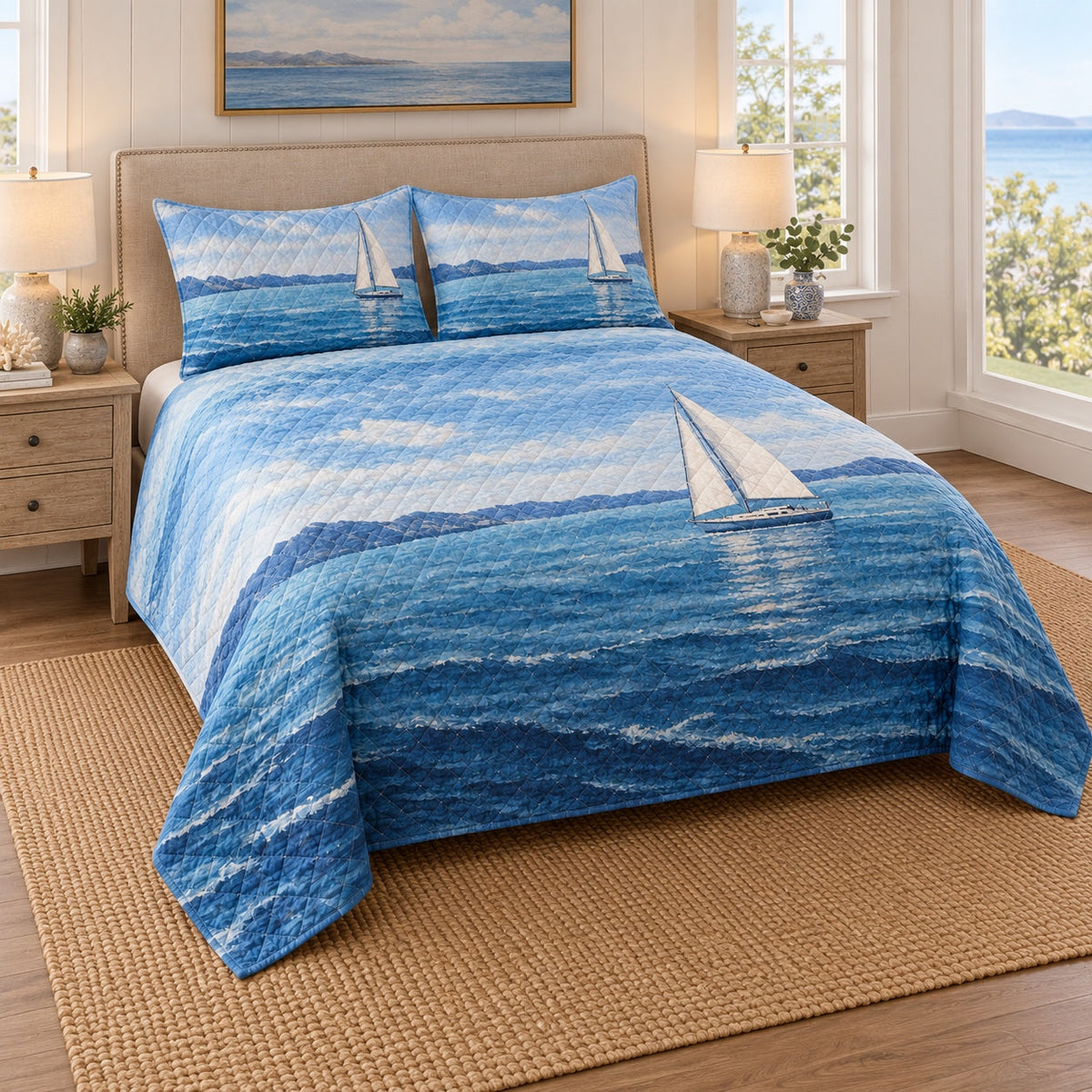 Open Water Sailing Quilt Set, angled sailing bedroom view
