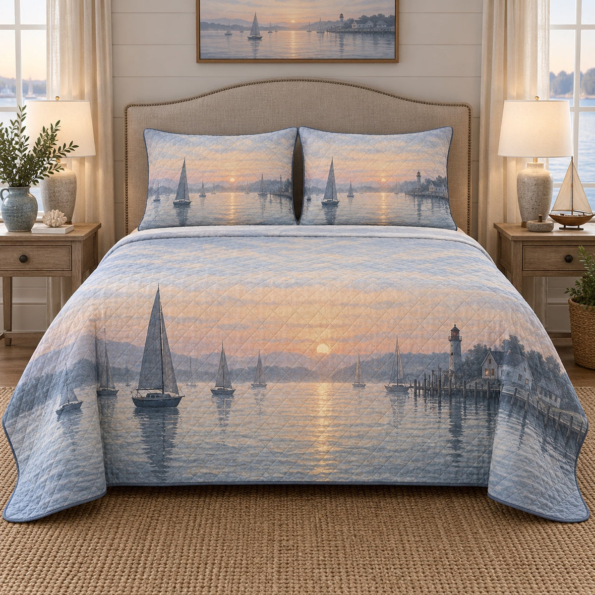Harbor Dawn Sailing Quilt Set, front sailing bedroom view