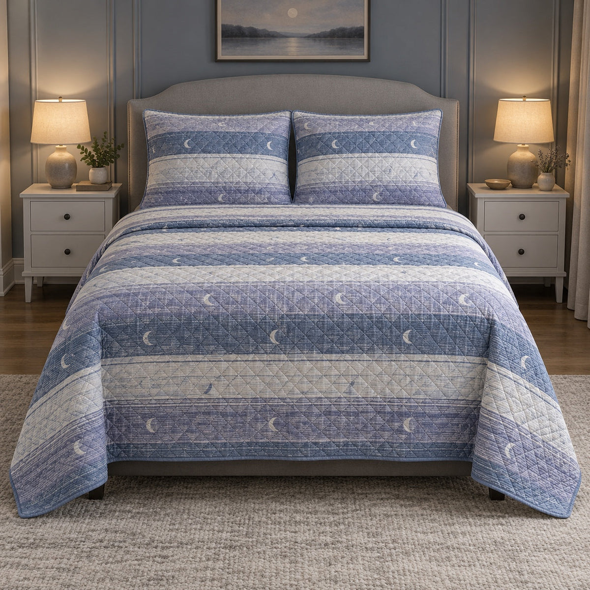 Moon and Linen Nap Quilt Set, front nap enthusiasts bedroom view