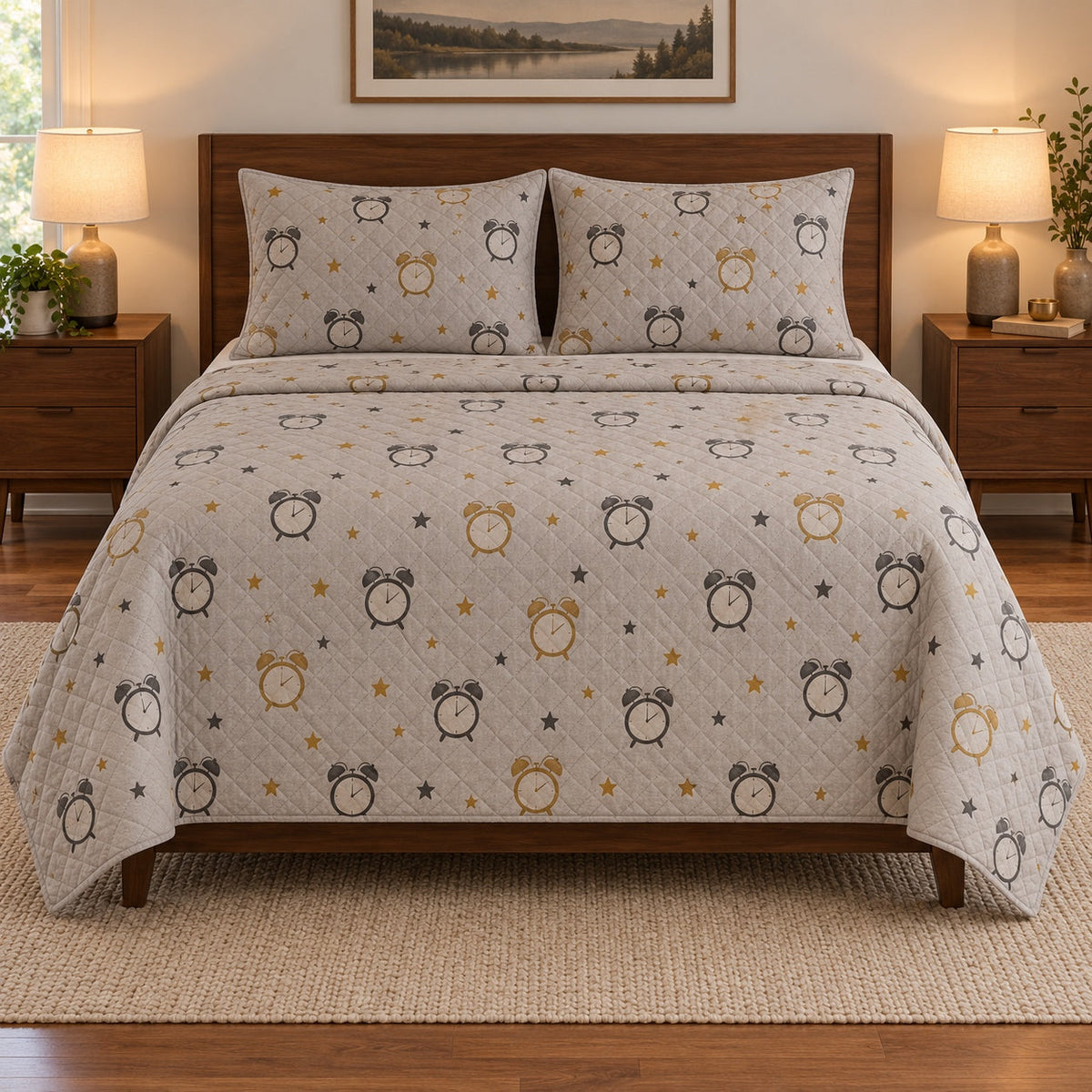 Soft Alarm Clock Nap Quilt Set, front nap enthusiasts bedroom view