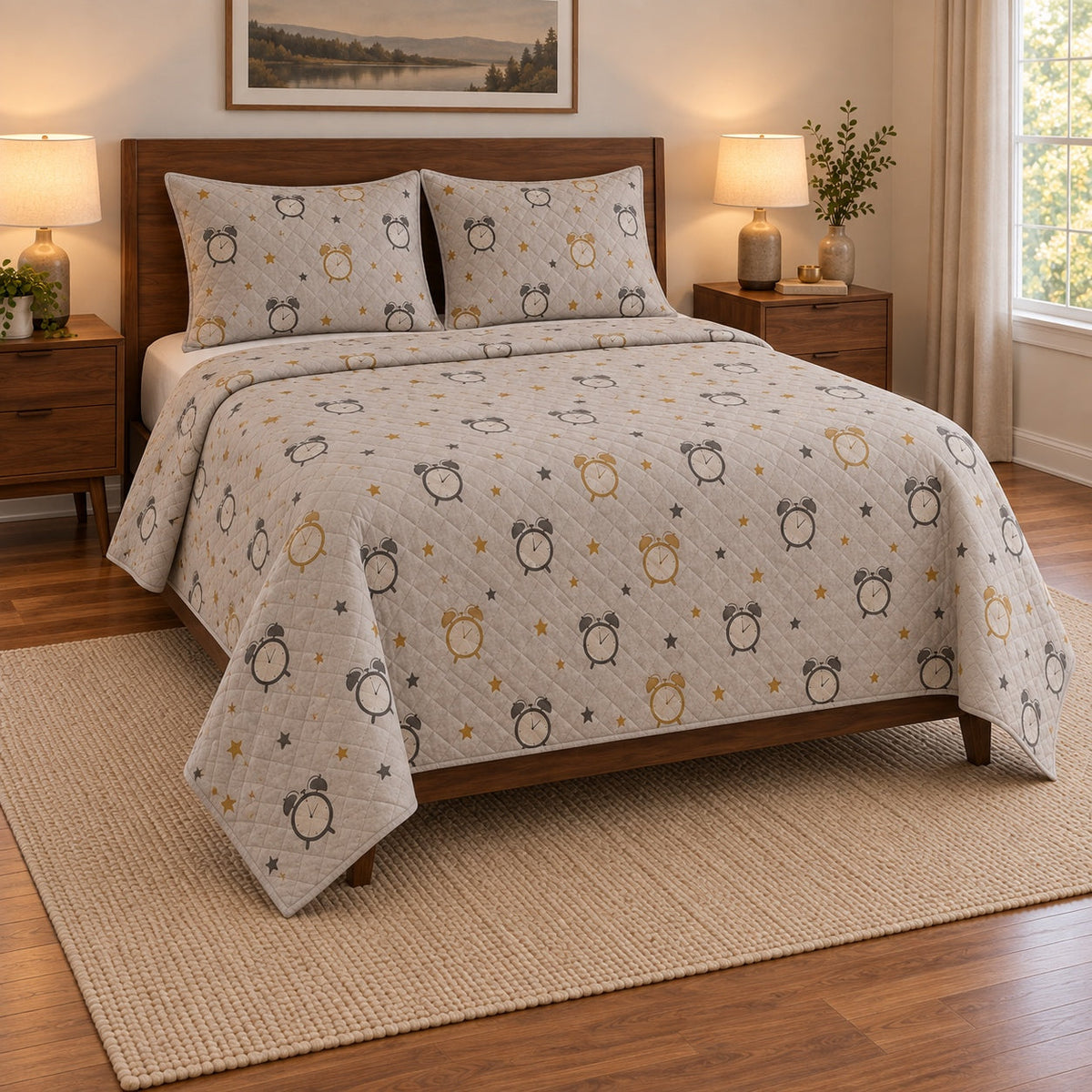 Soft Alarm Clock Nap Quilt Set, angled nap enthusiasts bedroom view
