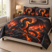 Fire Dragon Lava Fantasy Quilt Set: angled bedroom view showing the quilt artwork and coordinating shams