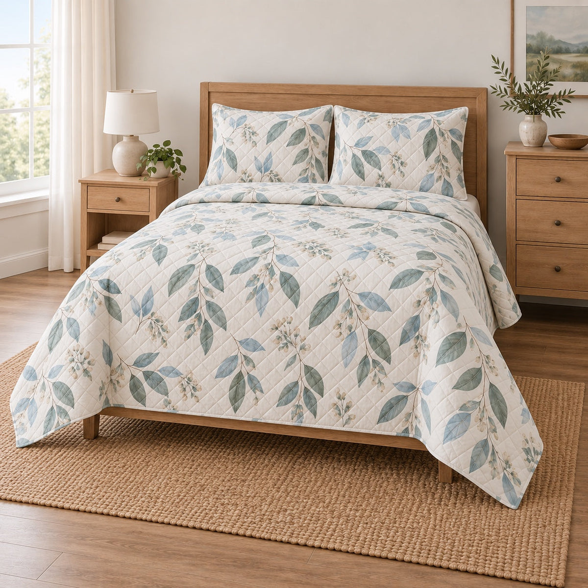 Drowsy Botanical Nap Quilt Set, angled nap enthusiasts bedroom view