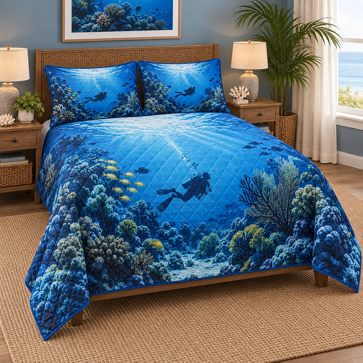 Blue Reef Scuba Diving Quilt Set, angled scuba diving bedroom view