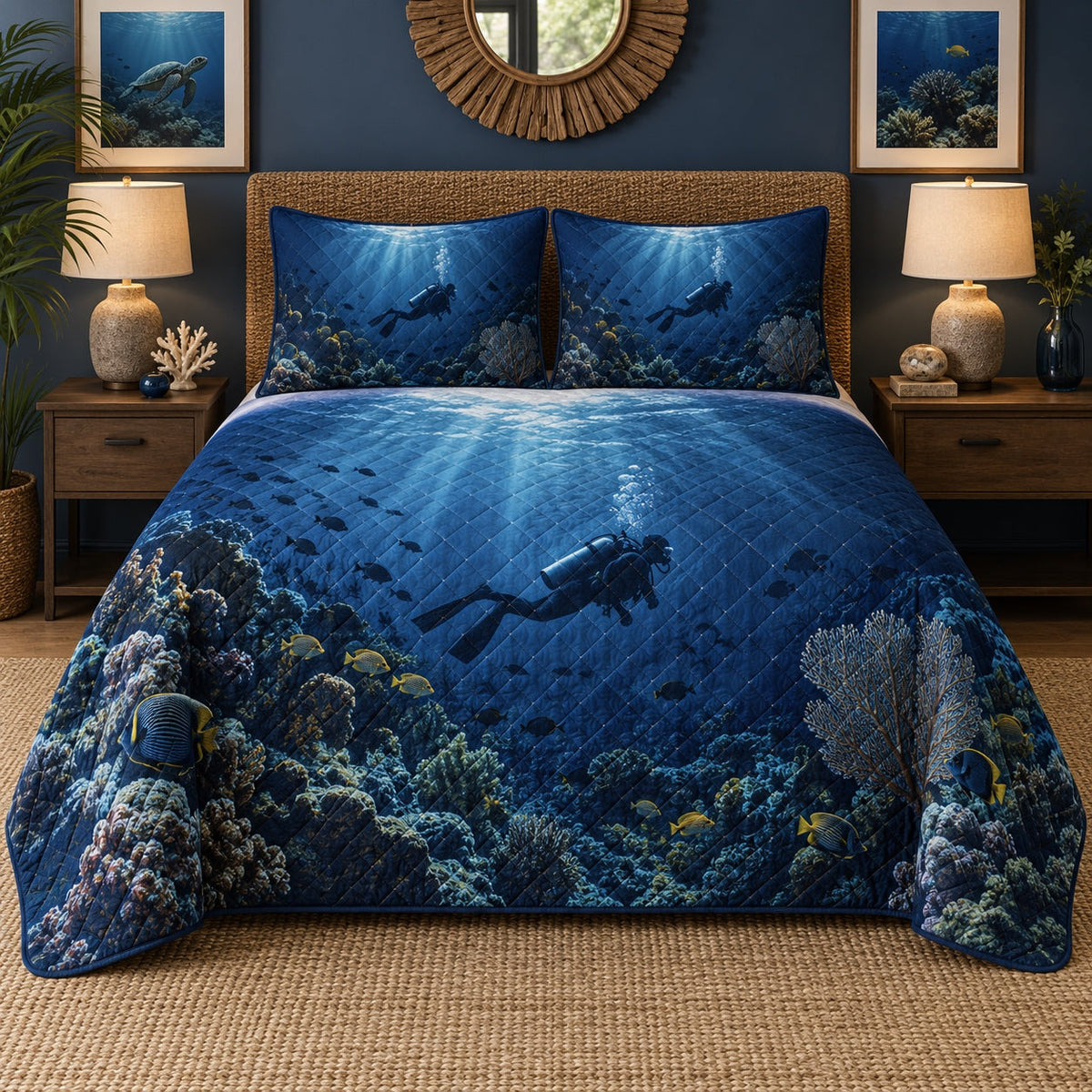 Night Dive Scuba Diving Quilt Set, front scuba diving bedroom view