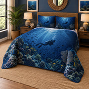 Night Dive Scuba Diving Quilt Set, angled scuba diving bedroom view