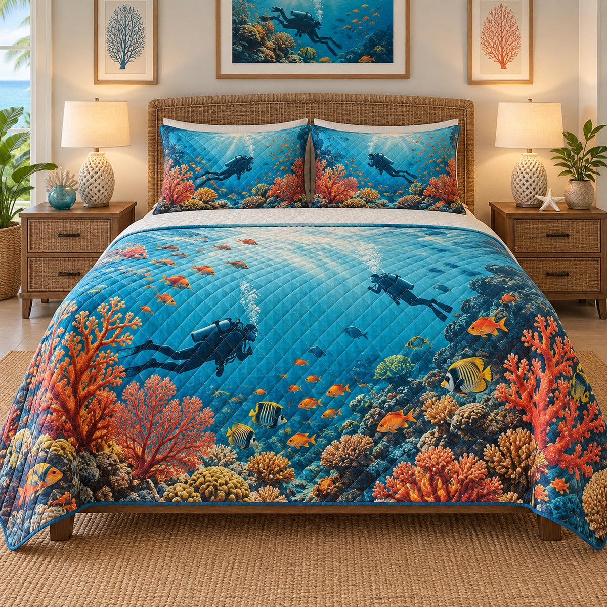 Coral Garden Scuba Diving Quilt Set, front scuba diving bedroom view