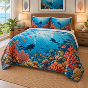 Coral Garden Scuba Diving Quilt Set, angled scuba diving bedroom view