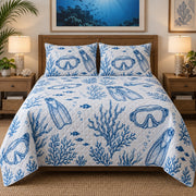 Dive Mask Line Art Scuba Diving Quilt Set, front scuba diving bedroom view