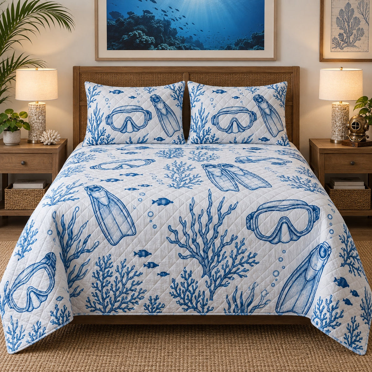 Dive Mask Line Art Scuba Diving Quilt Set, front scuba diving bedroom view