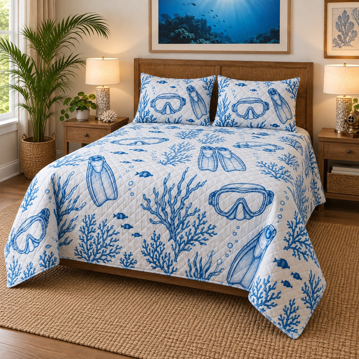 Dive Mask Line Art Scuba Diving Quilt Set, angled scuba diving bedroom view